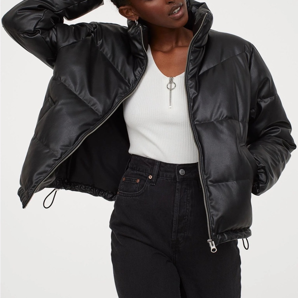 H&M Black Faux Leather Puffer Bomber Jacket size medium - Picture 2 of 10